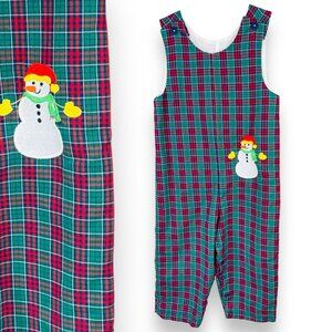 Vintage Toddler Boys Snowman Winter Christmas Holiday Longalls Romper Outfit 3T